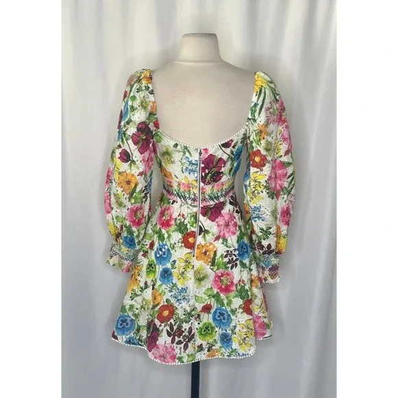 ALICE + OLIVIA Crawford Sweetheart Mini Dress Floral Puff Sleeves Lace Up Size 0